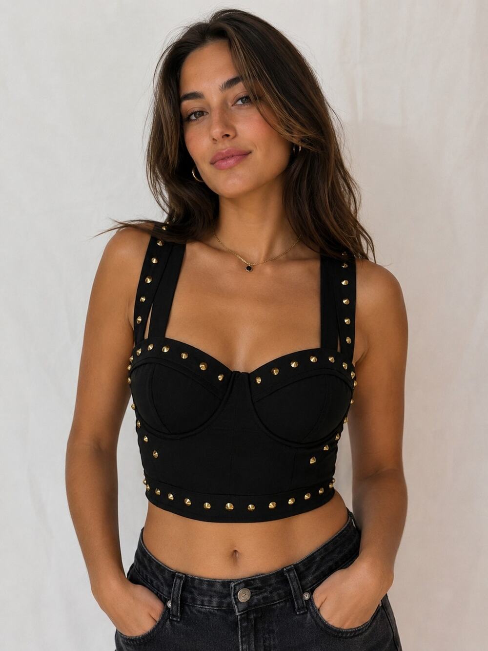 GUESS Black Studded Bustier Crop Top